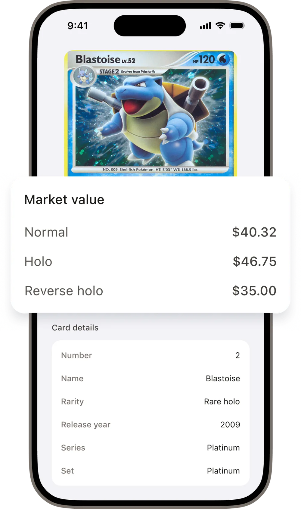 TCGster shows a scanned Blastoise card with current market prices and card details.